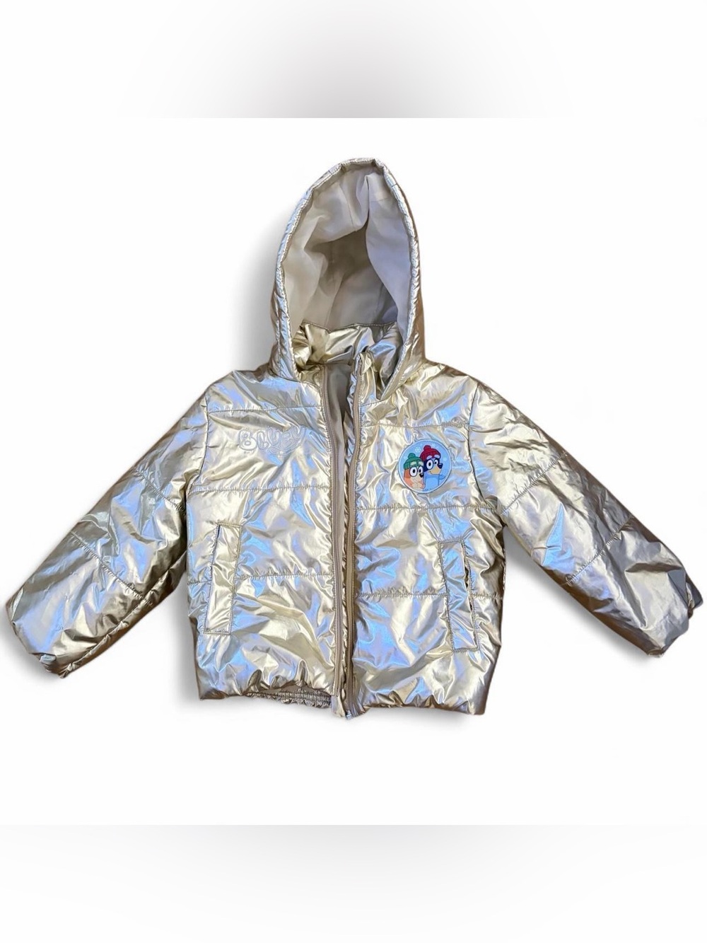 Bluey girl’s Gold metallic puffer jacket with hood Sz 5T